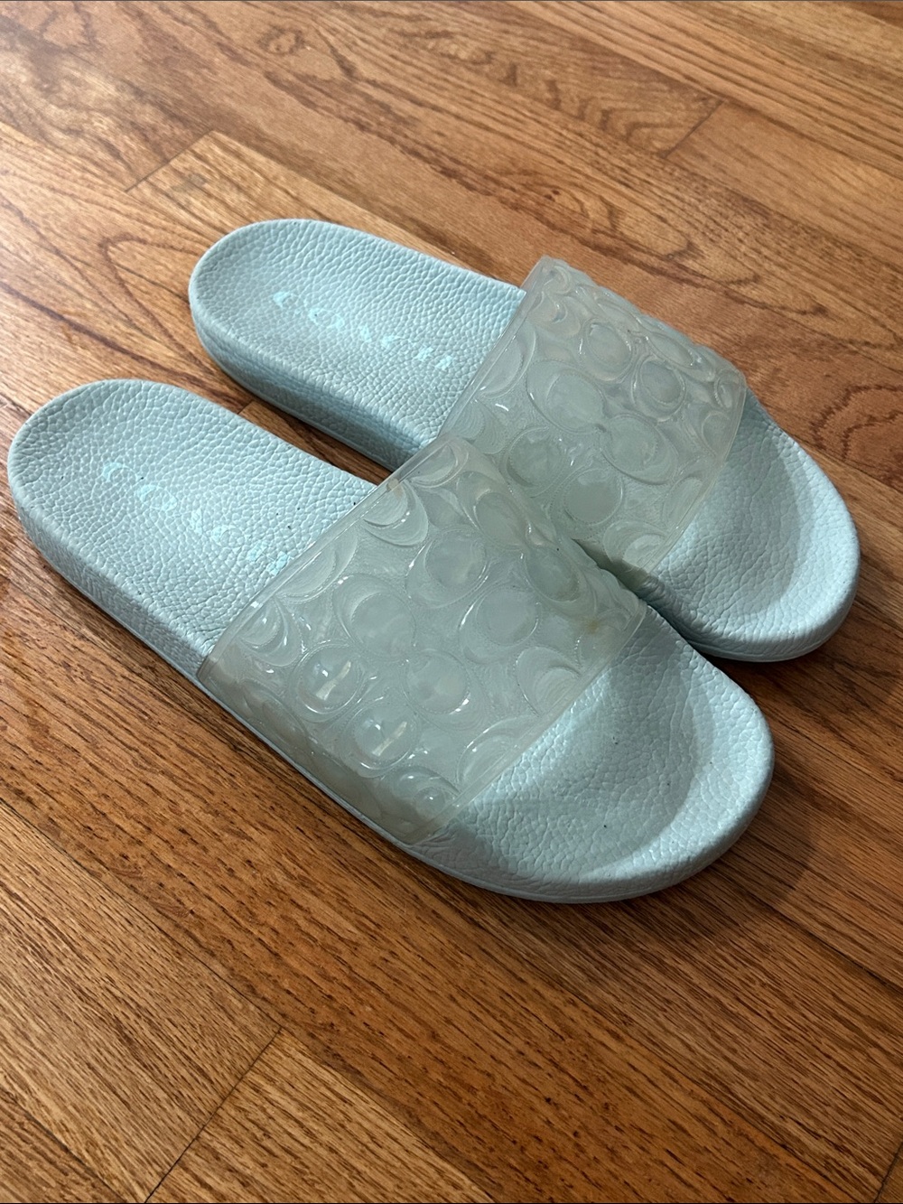 Coach Light Blue Signature Embossed Slide Sandals with Clear Jelly Strap size 10